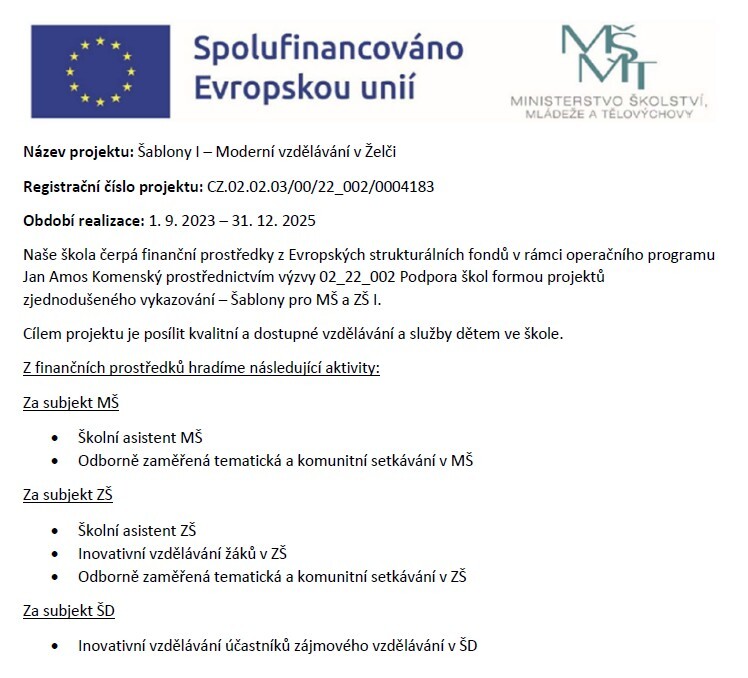 Projekt Šablony I - Moderní vzdělávání v Želči